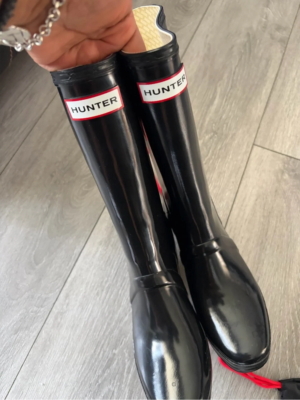 Hunter Black Wedge Rain Boots with Red Lace Detail